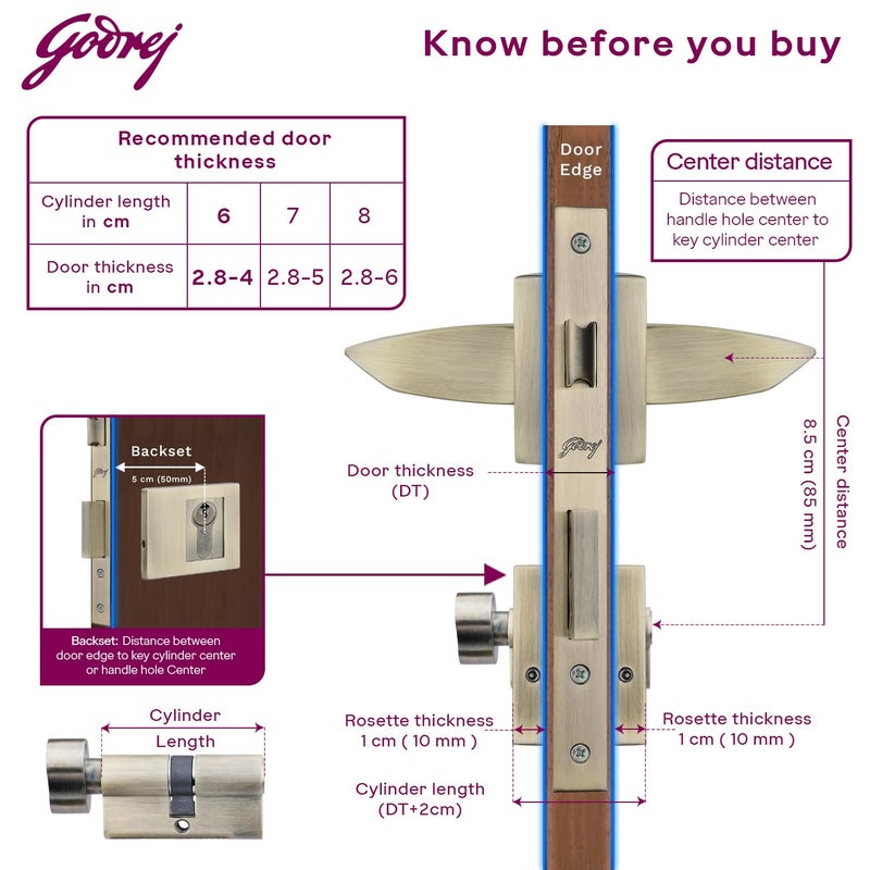 Godrej Locking Solutions and Systems Godrej Mortise Lock Handle Lock Set for Main Bedroom Door Alpine Rossette Home Dcor Handle Antique Brass Finish 9 Inch Lockbody 60 mm 1CK Cylinder Knob from Inside and with 3 Keys  - Image 4