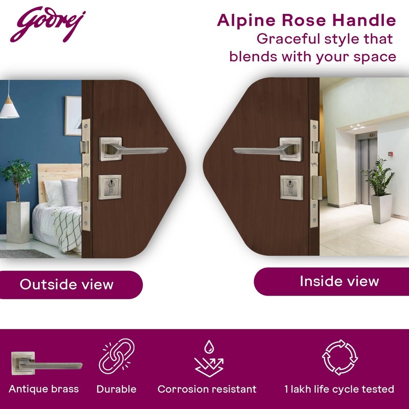 Godrej Locking Solutions and Systems Godrej Mortise Lock Handle Lock Set for Main Bedroom Door Alpine Rossette Home Dcor Handle Antique Brass Finish 9 Inch Lockbody 60 mm 1CK Cylinder Knob from Inside and with 3 Keys  - Image 2