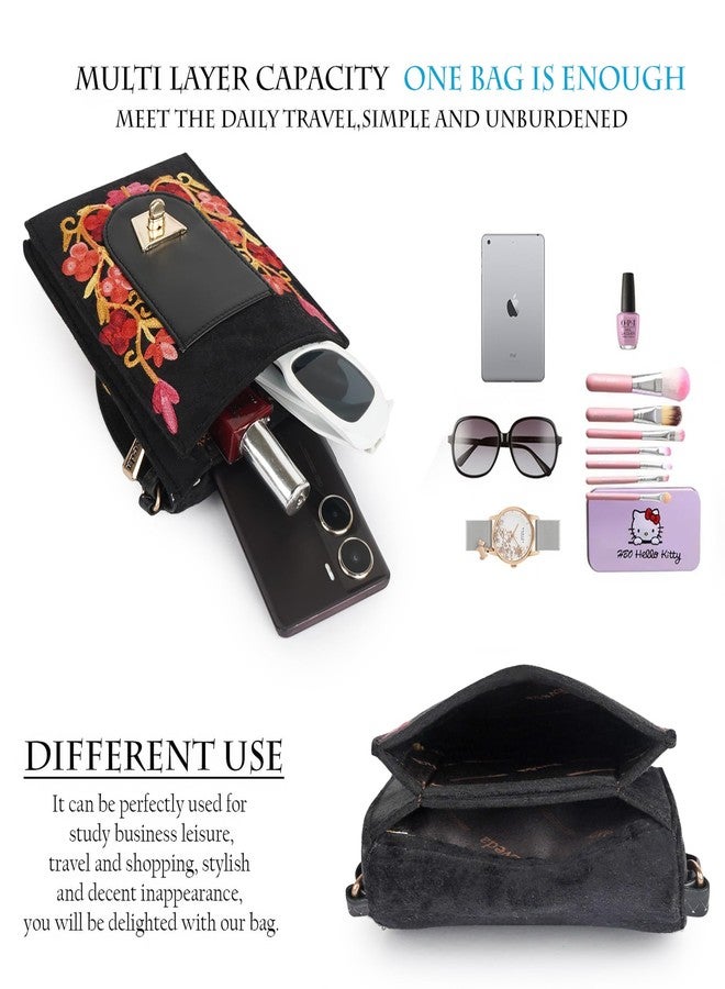 EVEDA Embroidered Crossbody Bag, Mobile holder Black with Red Floral Design, Multi-Layer Travel Purse with Gold Lock (Black) - Image 4