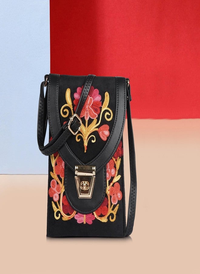 EVEDA Embroidered Crossbody Bag, Mobile holder Black with Red Floral Design, Multi-Layer Travel Purse with Gold Lock (Black) - Image 3