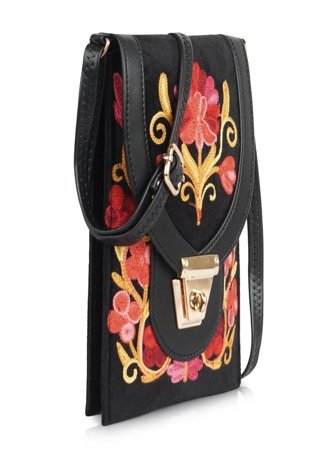EVEDA Embroidered Crossbody Bag, Mobile holder Black with Red Floral Design, Multi-Layer Travel Purse with Gold Lock (Black) - Image 1