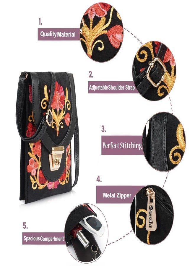 EVEDA Embroidered Crossbody Bag, Mobile holder Black with Red Floral Design, Multi-Layer Travel Purse with Gold Lock (Black) - Image 5