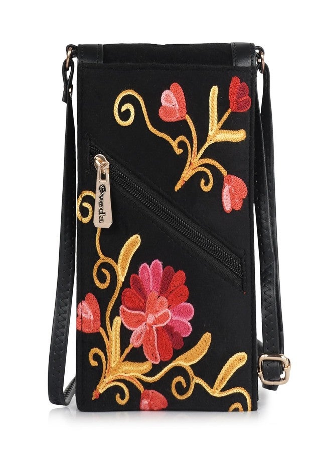 EVEDA Embroidered Crossbody Bag, Mobile holder Black with Red Floral Design, Multi-Layer Travel Purse with Gold Lock (Black) - Image 2