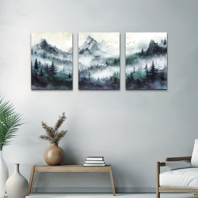 TTHYUEWS Canvas Wall Art For Living Room Large Wall Decor For Bedroom Office Decorations Misty Forest Wall Paintings Mountain Landscape Wall Pictures Artworks Modern Home Decor Hang Easy 3 Pieces - Image 5