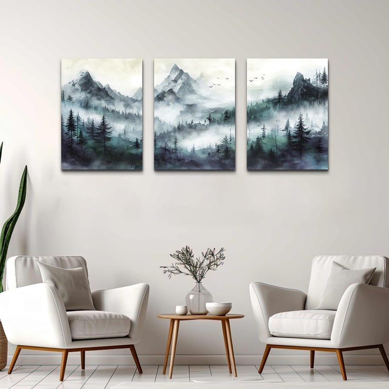 TTHYUEWS Canvas Wall Art For Living Room Large Wall Decor For Bedroom Office Decorations Misty Forest Wall Paintings Mountain Landscape Wall Pictures Artworks Modern Home Decor Hang Easy 3 Pieces - Image 4
