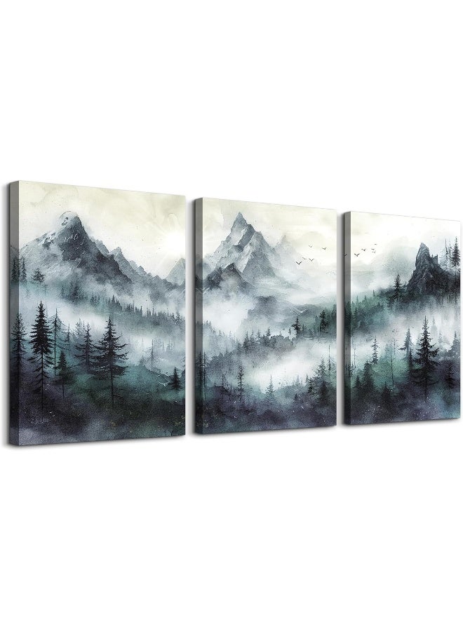 TTHYUEWS Canvas Wall Art For Living Room Large Wall Decor For Bedroom Office Decorations Misty Forest Wall Paintings Mountain Landscape Wall Pictures Artworks Modern Home Decor Hang Easy 3 Pieces - Image 1