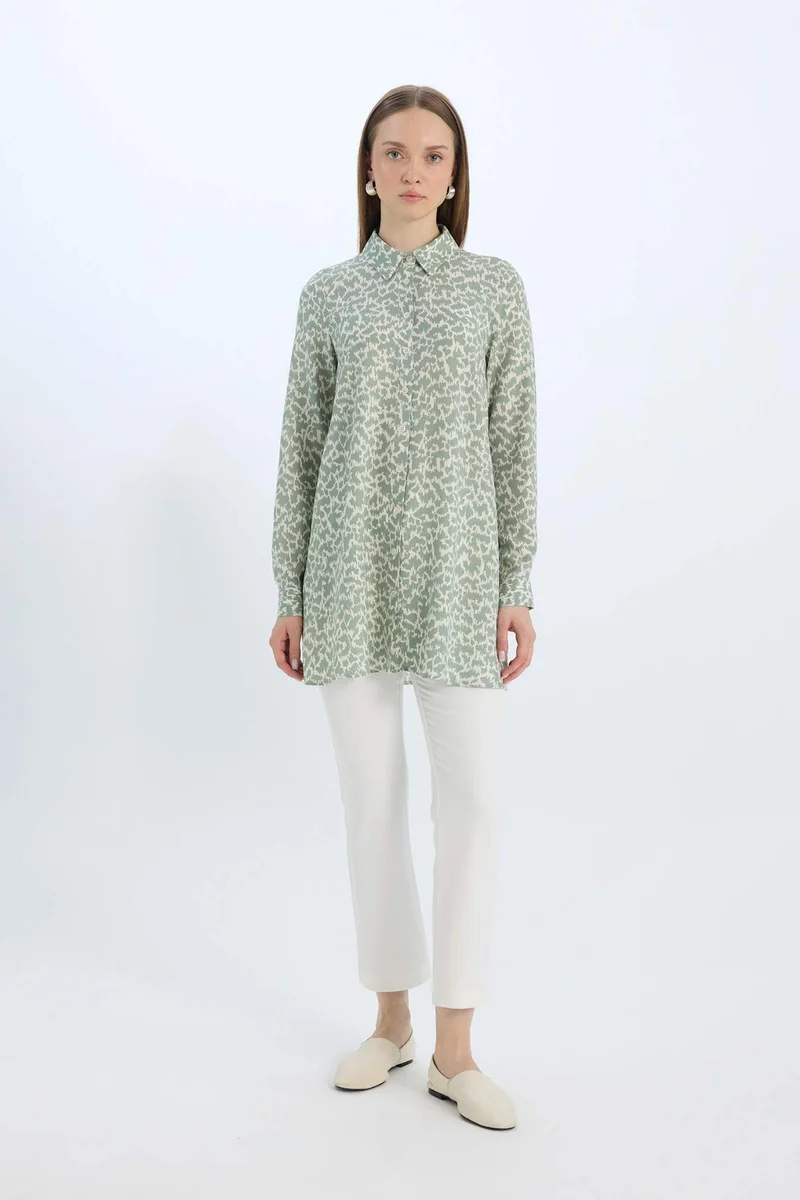 ديفاكتو Relax Fit Viscose Shirt Collar Printed Long Sleeve Tunic