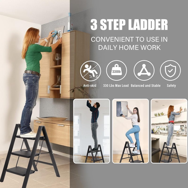 Waqif waqif Thickened Steel Portable Lightweight Ladder for Home and Office Use, Kitchen Step Stool 200KG Capacity, Black 3 Step Ladder, Folding Step Stool with Wide Anti-Slip Pedal  - Image 4