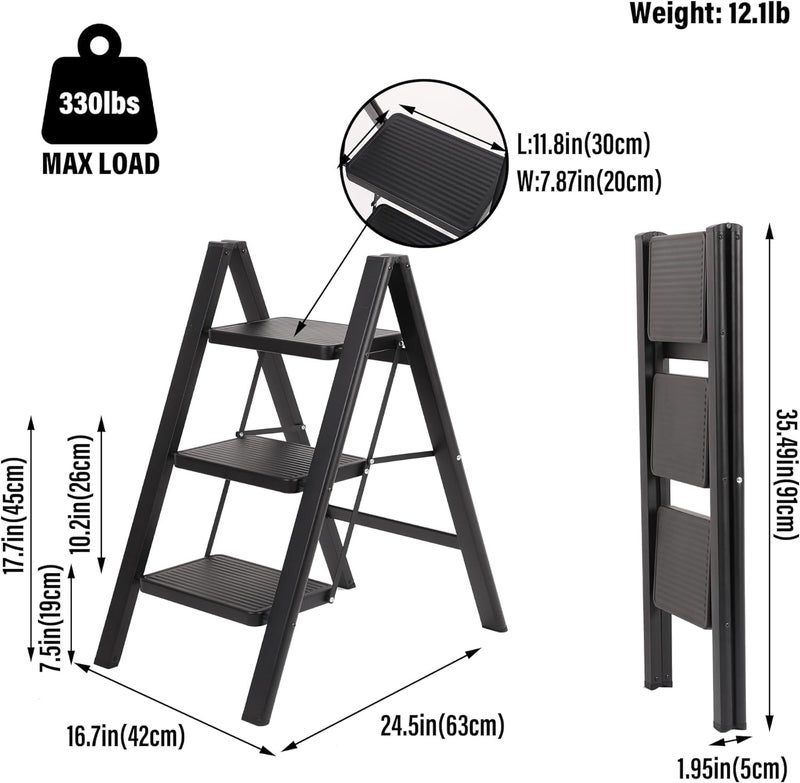 Waqif waqif Thickened Steel Portable Lightweight Ladder for Home and Office Use, Kitchen Step Stool 200KG Capacity, Black 3 Step Ladder, Folding Step Stool with Wide Anti-Slip Pedal  - Image 2