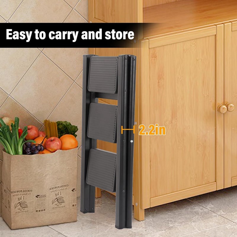 Waqif waqif Thickened Steel Portable Lightweight Ladder for Home and Office Use, Kitchen Step Stool 200KG Capacity, Black 3 Step Ladder, Folding Step Stool with Wide Anti-Slip Pedal  - Image 3