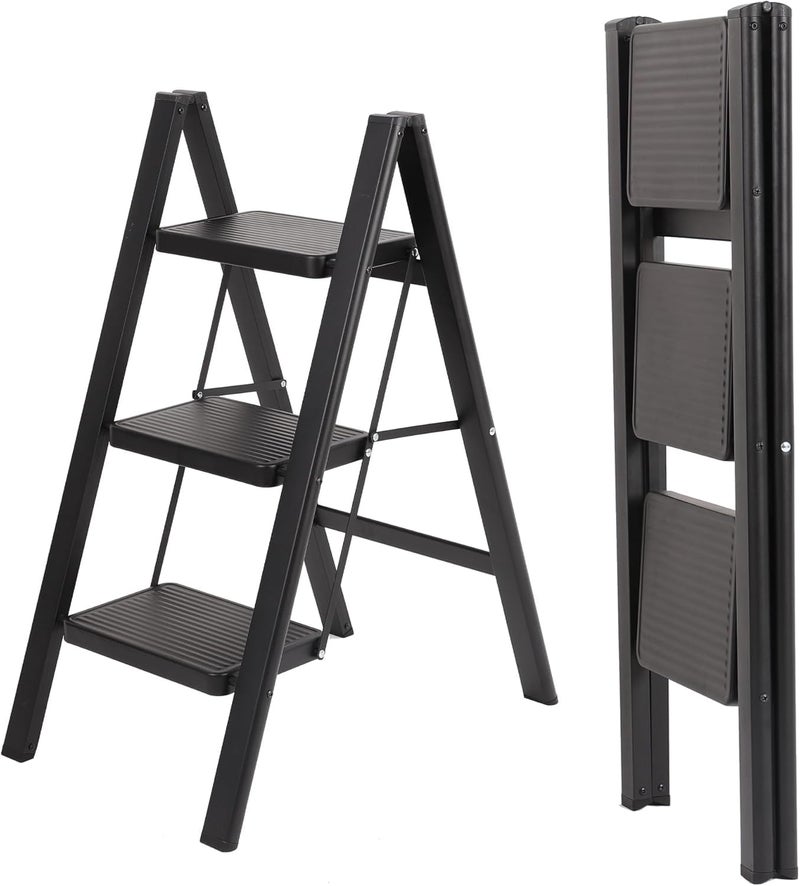 Waqif waqif Thickened Steel Portable Lightweight Ladder for Home and Office Use, Kitchen Step Stool 200KG Capacity, Black 3 Step Ladder, Folding Step Stool with Wide Anti-Slip Pedal  - Image 1