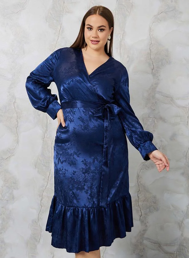 Styli Jacquard Wrap Front Midi Dress with Ruffle Hem