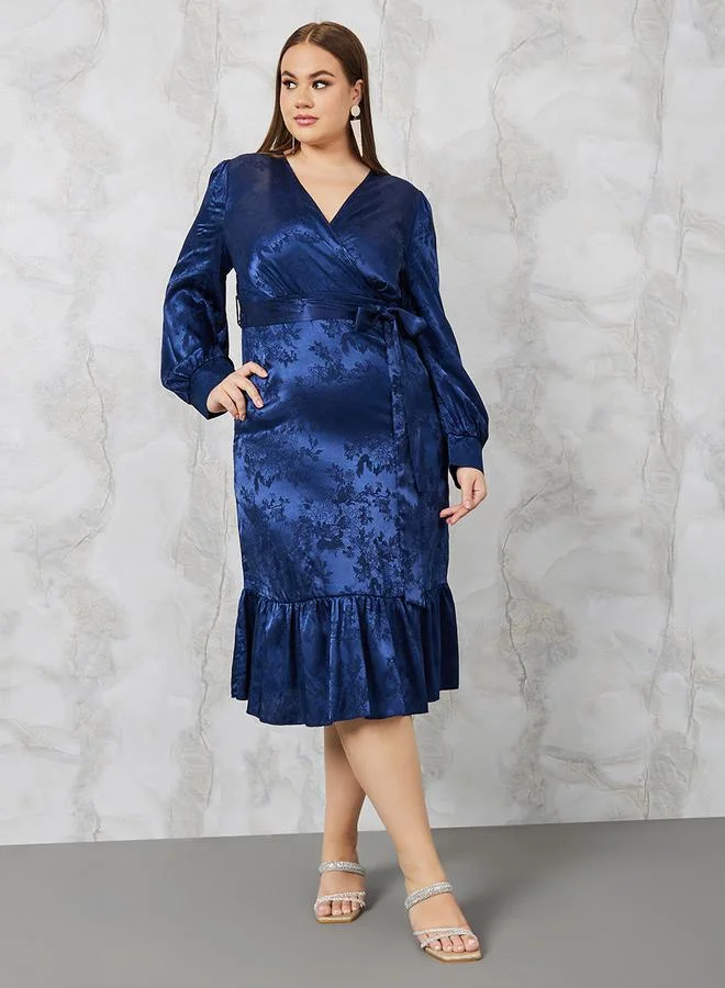 Styli Jacquard Wrap Front Midi Dress with Ruffle Hem