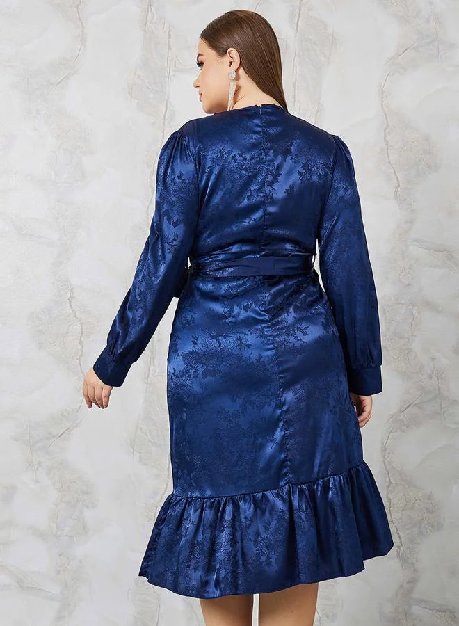 Styli Jacquard Wrap Front Midi Dress with Ruffle Hem