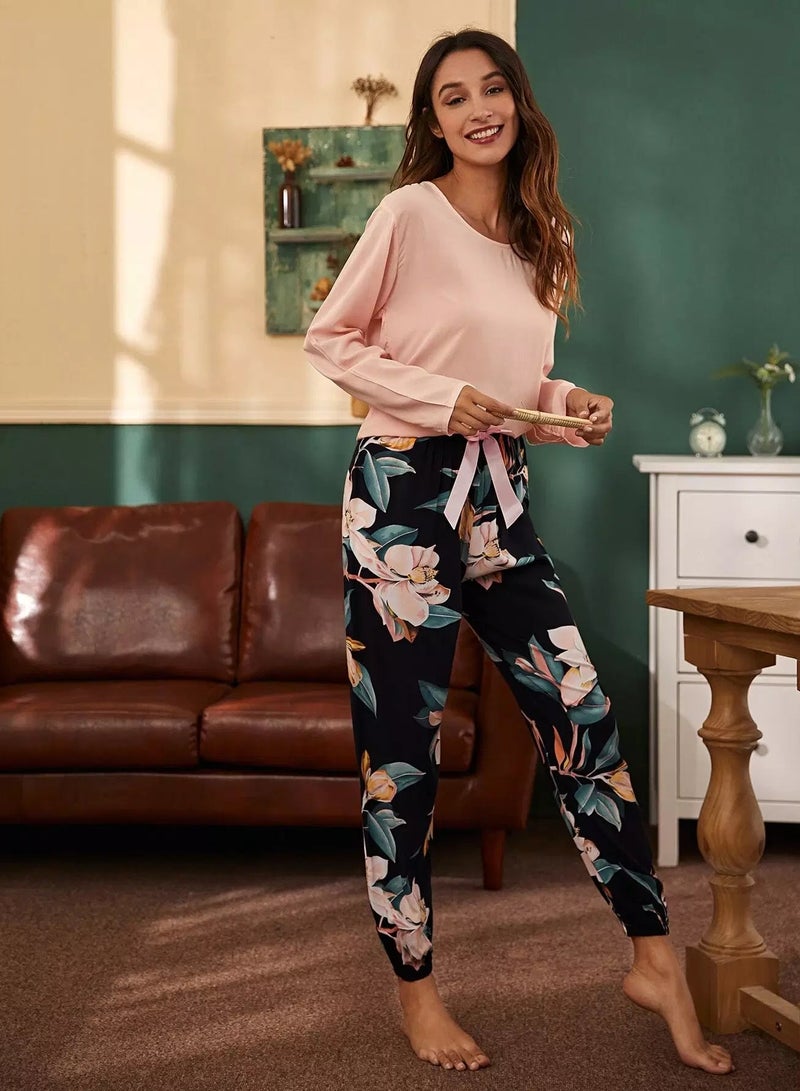 Tee & Floral Print Bow Pants Pajama Set  - Image 1