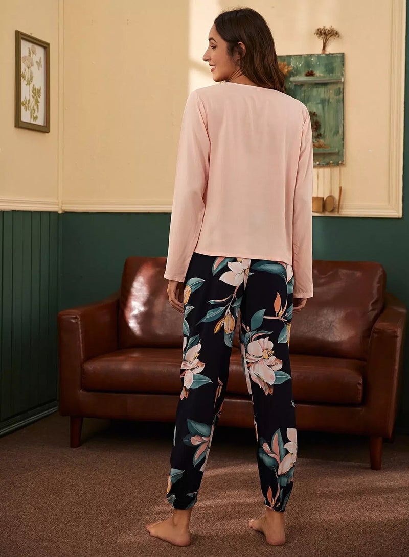 Tee & Floral Print Bow Pants Pajama Set  - Image 2