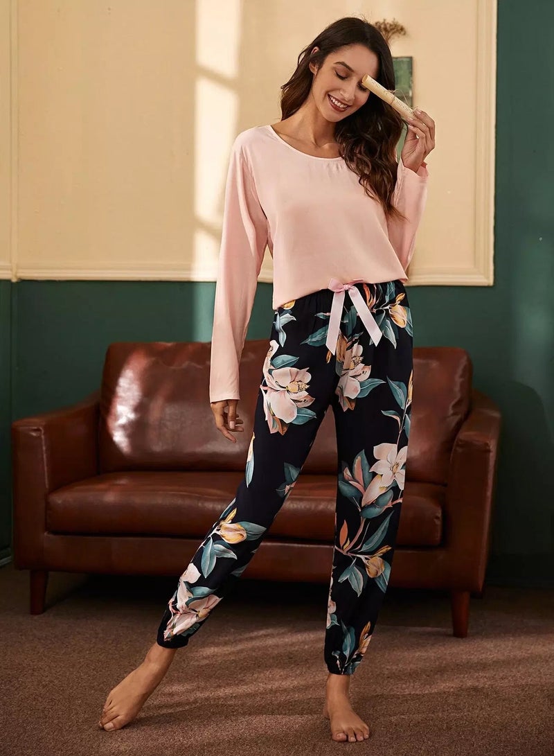 Tee & Floral Print Bow Pants Pajama Set  - Image 3