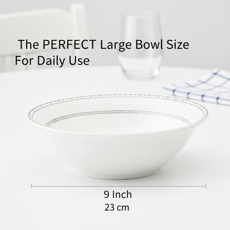 Shallow JUNA New Bone China Bowl 23 cm – Large White Serving Bowl with Subtle Texture for Salads & Sharing, Premium Tableware for Daily Use, Brunch, Ramadan, Eid, Diwali & Gifting (Set of 4) - Image 5