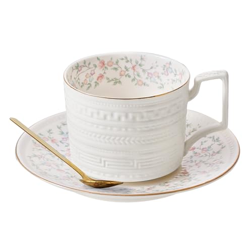 Harahiko Country Roses Porcelain Tea Cup and Saucer Set with Gold Trim, Vintage Style, For Women and Tea Parties (1, G) - Image 1