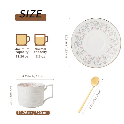 Harahiko Country Roses Porcelain Tea Cup and Saucer Set with Gold Trim, Vintage Style, For Women and Tea Parties (1, G) - Image 2