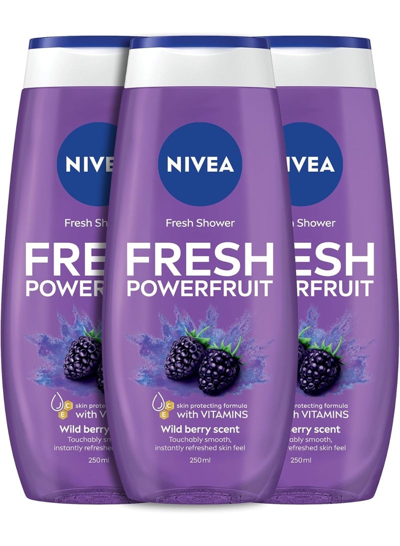 Nivea Fresh Powerfruit Shower Gel, Body Wash with Vitamins & Wild Berry Scent, Moisturising Formula, 250ml - Image 2