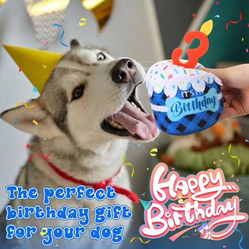 Dansydaisy Dog 3rd Birthday Cake Toy Accessories for Girl Boy Gifts, Blue Grid Squeaky Plush Toy for Dog Birthday Party Decor Favor for Large, Medium and Small Dogs - Image 4