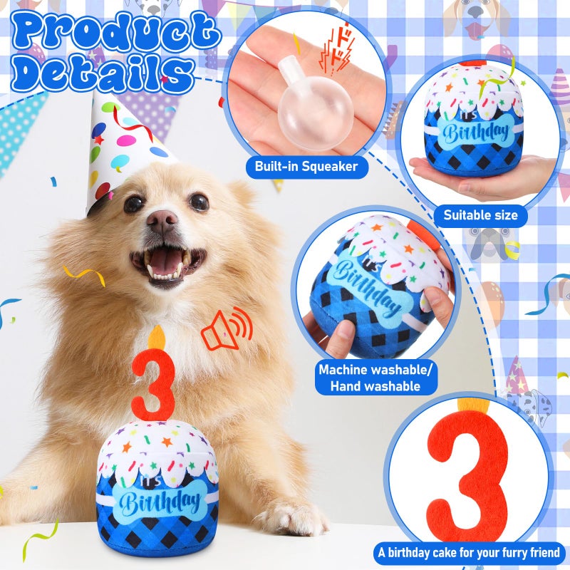 Dansydaisy Dog 3rd Birthday Cake Toy Accessories for Girl Boy Gifts, Blue Grid Squeaky Plush Toy for Dog Birthday Party Decor Favor for Large, Medium and Small Dogs - Image 3