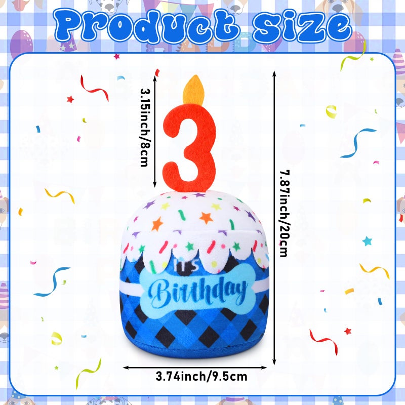 Dansydaisy Dog 3rd Birthday Cake Toy Accessories for Girl Boy Gifts, Blue Grid Squeaky Plush Toy for Dog Birthday Party Decor Favor for Large, Medium and Small Dogs - Image 2