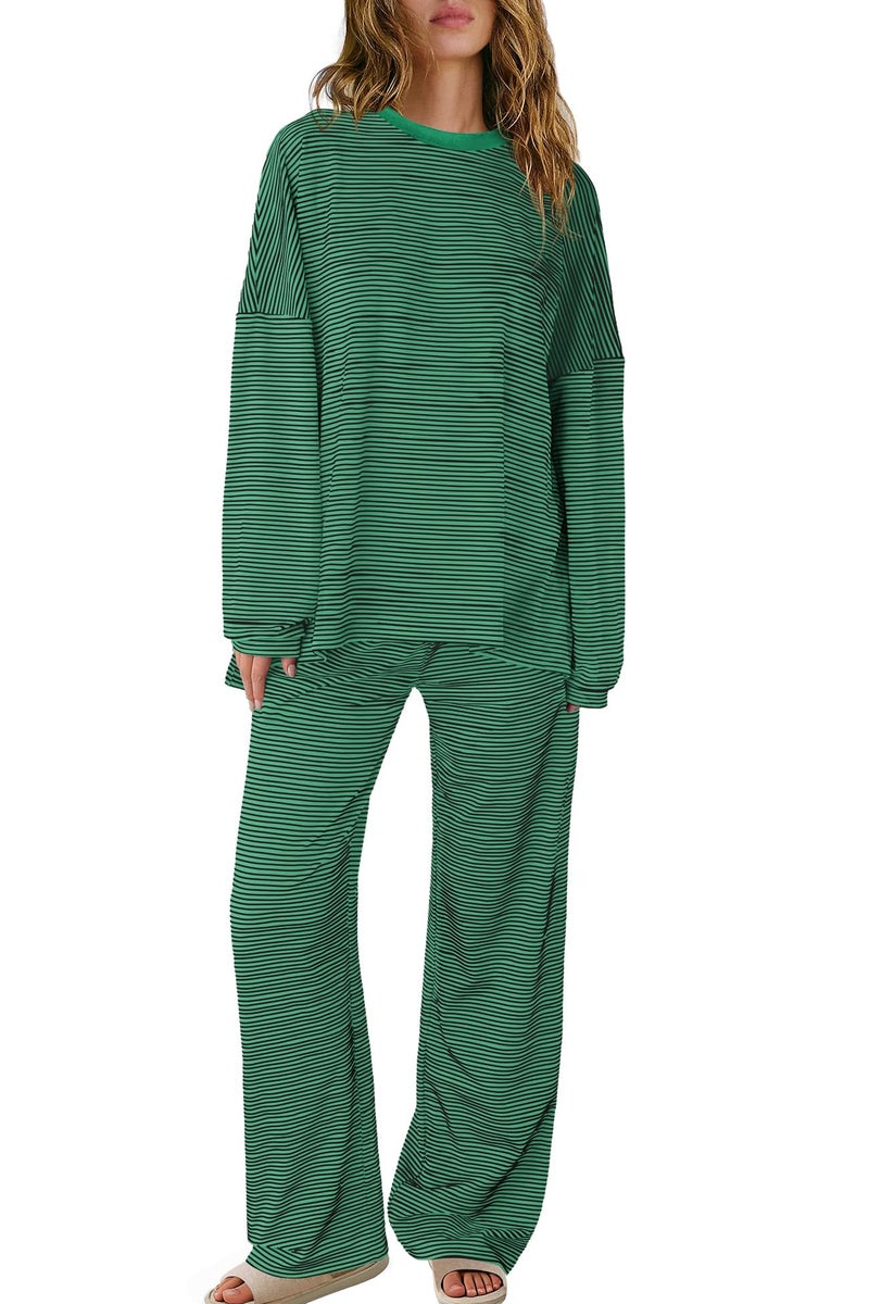 Panadila Womens 2 Piece Lounge Sets Striped Long Sleeve Pajama Set Oversized Tshirts Wide Leg Pant Loungewear (Black Green Combo,Large) - Image 2