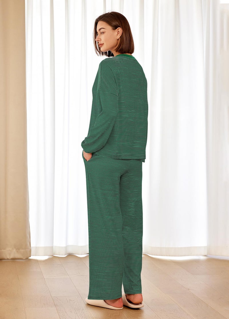 Panadila Womens 2 Piece Lounge Sets Striped Long Sleeve Pajama Set Oversized Tshirts Wide Leg Pant Loungewear (Black Green Combo,Large) - Image 4