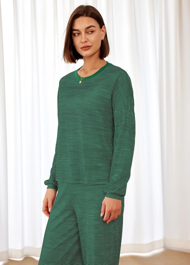 Panadila Womens 2 Piece Lounge Sets Striped Long Sleeve Pajama Set Oversized Tshirts Wide Leg Pant Loungewear (Black Green Combo,Large) - Image 3
