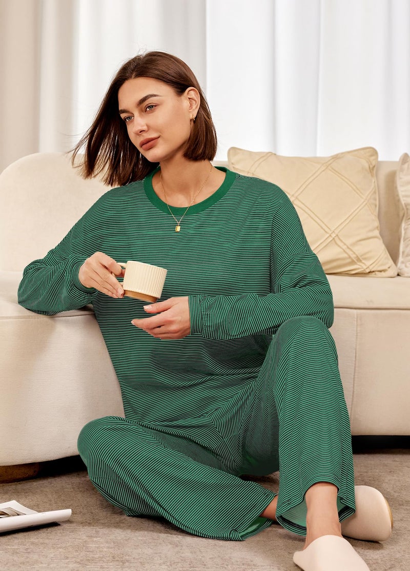 Panadila Womens 2 Piece Lounge Sets Striped Long Sleeve Pajama Set Oversized Tshirts Wide Leg Pant Loungewear (Black Green Combo,Large) - Image 5