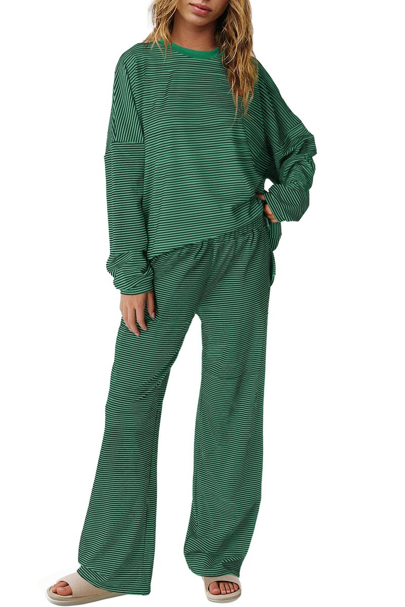 Panadila Womens 2 Piece Lounge Sets Striped Long Sleeve Pajama Set Oversized Tshirts Wide Leg Pant Loungewear (Black Green Combo,Large) - Image 1