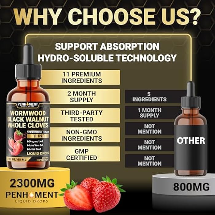 Penhoment 11in1 Wormwood Liquid Drops - Black Walnut Wormwood Liquid Extract with Whole Cloves, Reishi, Peppermint, Oregano, Aloe Vera, Anise Seed - 2 FL OZ - 60 Days Supply - Strawberry Flavor - Image 5