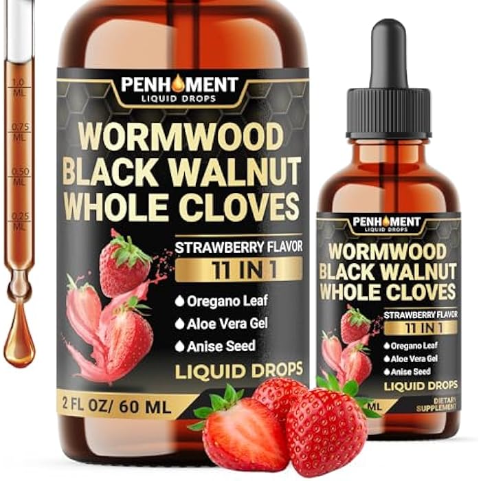 Penhoment 11in1 Wormwood Liquid Drops - Black Walnut Wormwood Liquid Extract with Whole Cloves, Reishi, Peppermint, Oregano, Aloe Vera, Anise Seed - 2 FL OZ - 60 Days Supply - Strawberry Flavor - Image 1