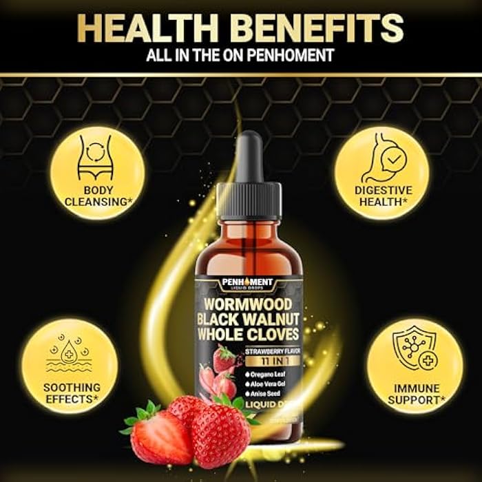 Penhoment 11in1 Wormwood Liquid Drops - Black Walnut Wormwood Liquid Extract with Whole Cloves, Reishi, Peppermint, Oregano, Aloe Vera, Anise Seed - 2 FL OZ - 60 Days Supply - Strawberry Flavor - Image 4