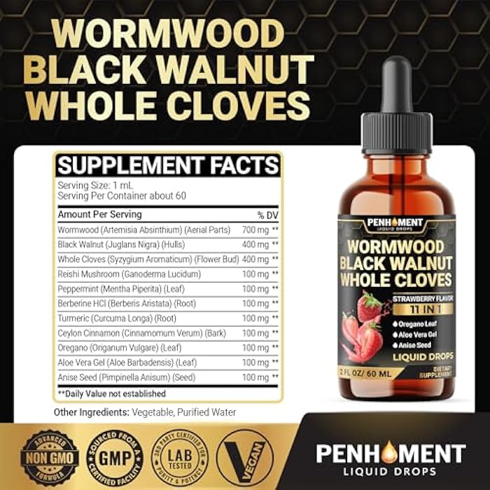 Penhoment 11in1 Wormwood Liquid Drops - Black Walnut Wormwood Liquid Extract with Whole Cloves, Reishi, Peppermint, Oregano, Aloe Vera, Anise Seed - 2 FL OZ - 60 Days Supply - Strawberry Flavor - Image 2