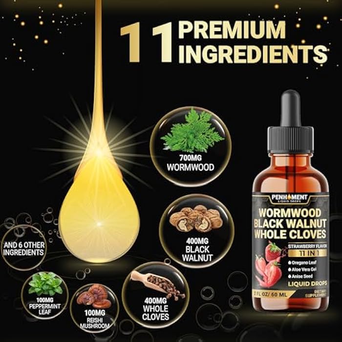 Penhoment 11in1 Wormwood Liquid Drops - Black Walnut Wormwood Liquid Extract with Whole Cloves, Reishi, Peppermint, Oregano, Aloe Vera, Anise Seed - 2 FL OZ - 60 Days Supply - Strawberry Flavor - Image 3