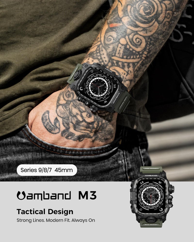 amBand Rugged Case with Band for Apple Watch 45mm, Compatible with Apple Watch (iWatch) Series 9/8/7, Military Grade Shockproof Bumper Cover, Tactical Band for Men, Army Green - Image 3