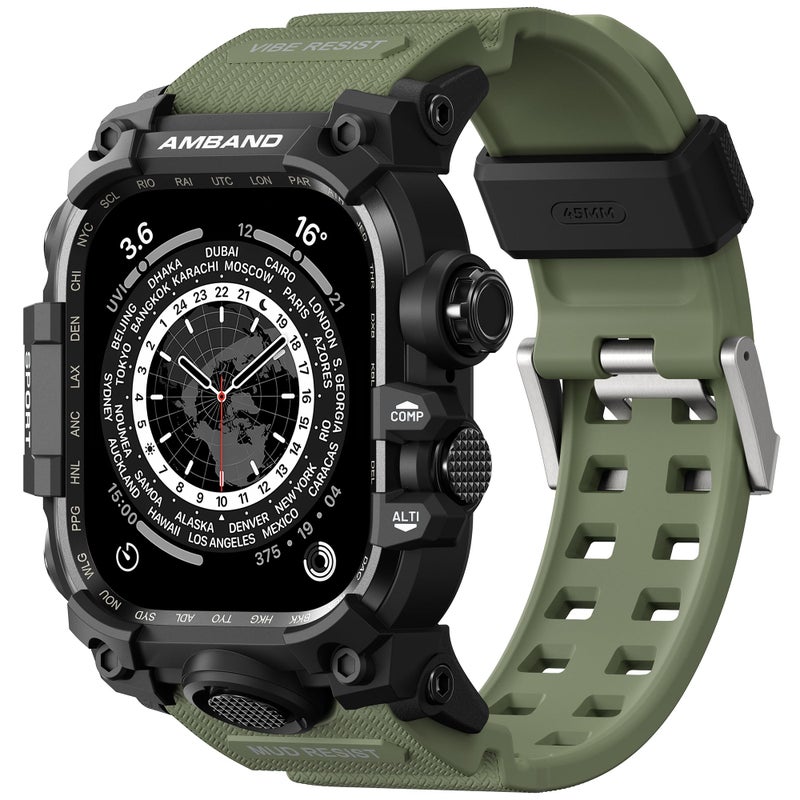 amBand Rugged Case with Band for Apple Watch 45mm, Compatible with Apple Watch (iWatch) Series 9/8/7, Military Grade Shockproof Bumper Cover, Tactical Band for Men, Army Green - Image 1