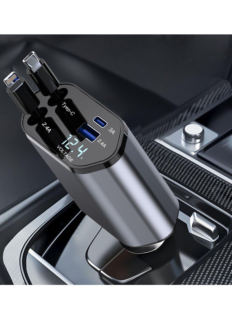 Retractable Car Charger, 4 in 1 Fast Car Phone Charger 120W with Cord 2.6ft, Retractable Cable and 2 USB Ports Car Charger Adapter for iPhone 15 14 13 12 Pro Max, Galaxy S23  - Image 1