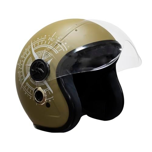 Turtle Helmet Star with Visor Half Face with Scratch Resistive Clear Visor & Hard Shell ABS Plastic Helmet, Khaki, Small Size, (S-56 cm) - Image 1