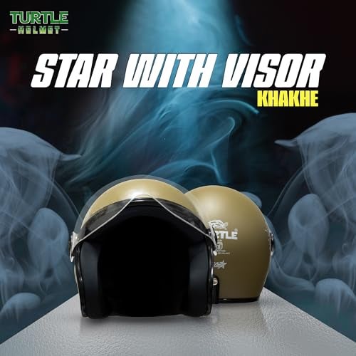 Turtle Helmet Star with Visor Half Face with Scratch Resistive Clear Visor & Hard Shell ABS Plastic Helmet, Khaki, Small Size, (S-56 cm) - Image 2