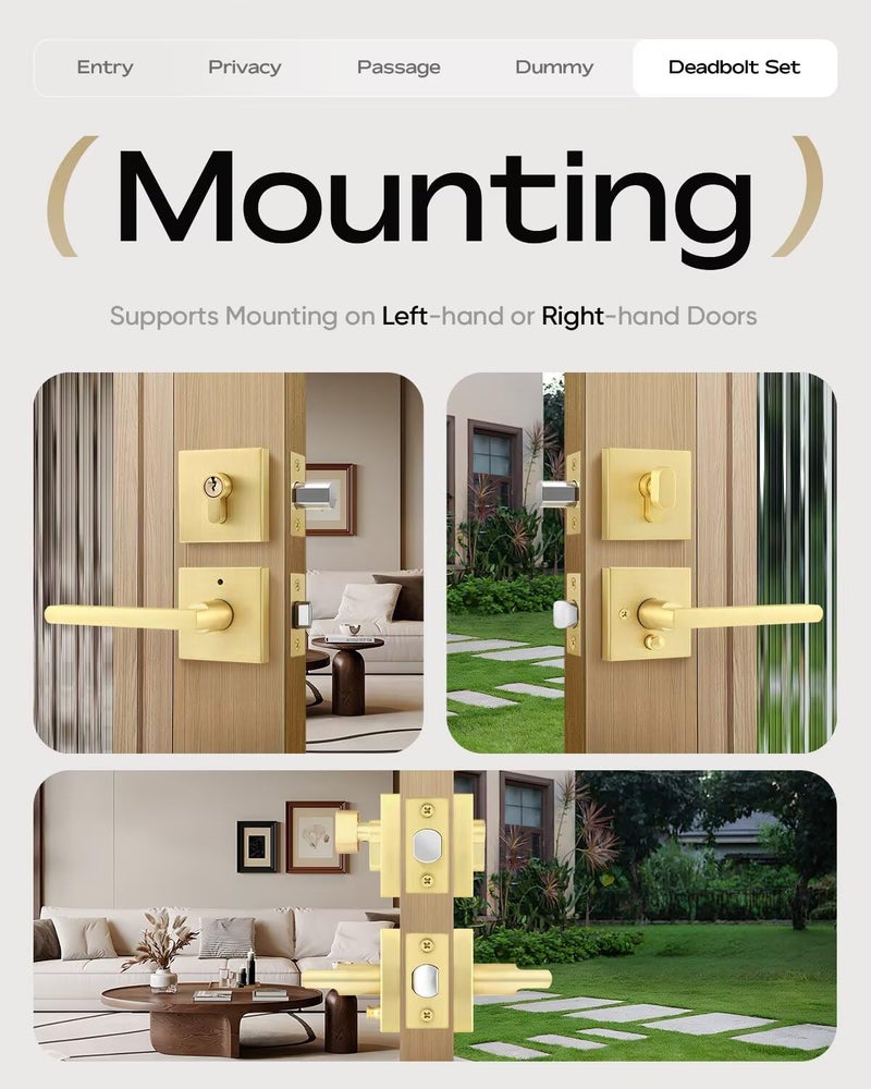 Leydebong 6 Pack Heavy Duty Front Door Entry Lever Lockset and Single Keyed Square Deadbolt Combination Set, Gold Door Lock Set - Image 4