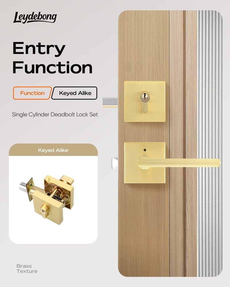 Leydebong 6 Pack Heavy Duty Front Door Entry Lever Lockset and Single Keyed Square Deadbolt Combination Set, Gold Door Lock Set - Image 5
