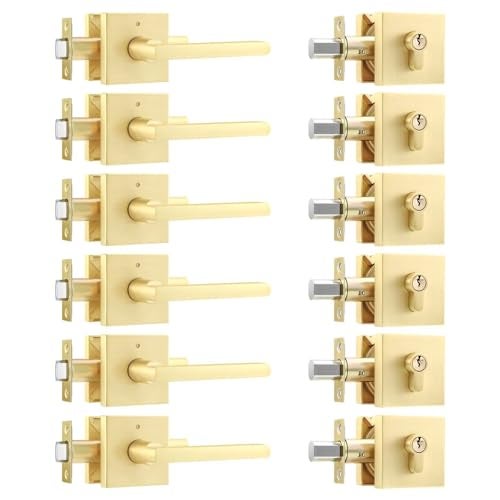 Leydebong 6 Pack Heavy Duty Front Door Entry Lever Lockset and Single Keyed Square Deadbolt Combination Set, Gold Door Lock Set - Image 1