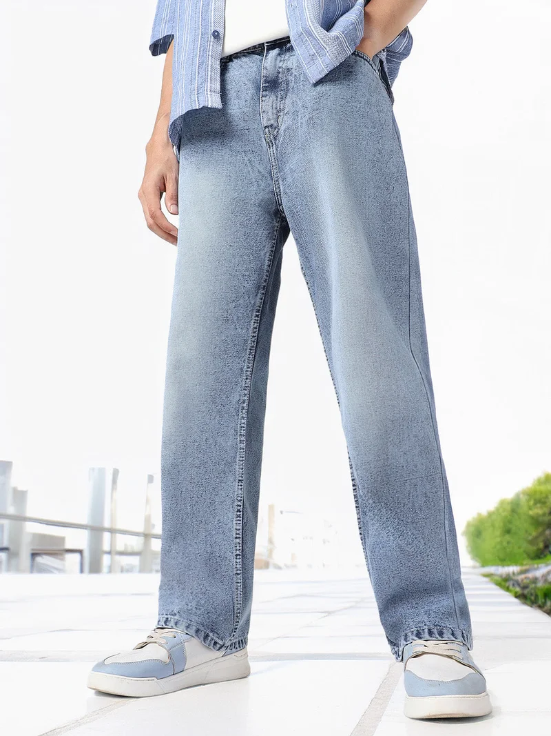 Urbano Fashion Men's Light Blue Loose Baggy Fit Washed Jeans Non-Stretchable