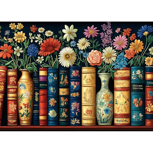 MINIWAN Wildflowers Books 1000 Piece Jigsaw Puzzle for Adults Vintage Flower Book Puzzle Floral Art Bookshelf Library Puzzles Challenging Hard Difficult Puzzles for Adults 275x197 Inches - Image 1