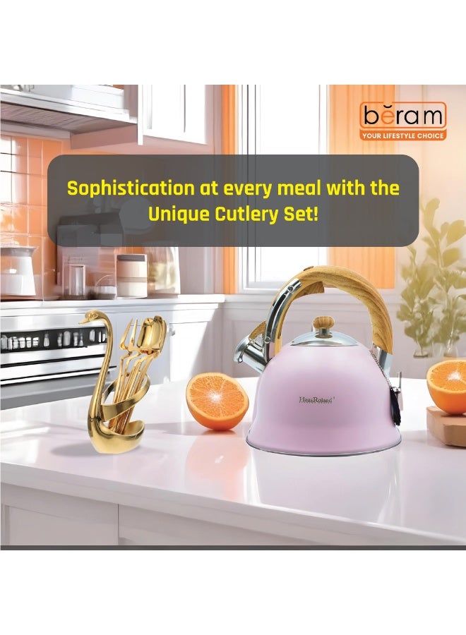 BERAM Golden Swan 6‑Piece Stainless Steel Cutlery Set with Swan Holder – Golden Finish – Includes Forks & Spoons – Elegant Daily Tableware - Image 3