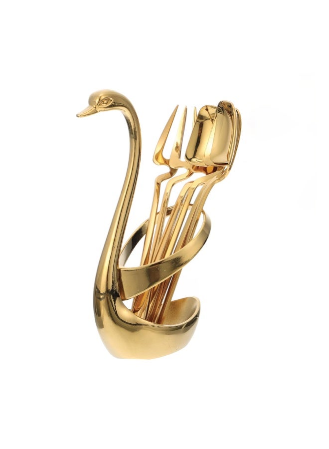 BERAM Golden Swan 6‑Piece Stainless Steel Cutlery Set with Swan Holder – Golden Finish – Includes Forks & Spoons – Elegant Daily Tableware - Image 1